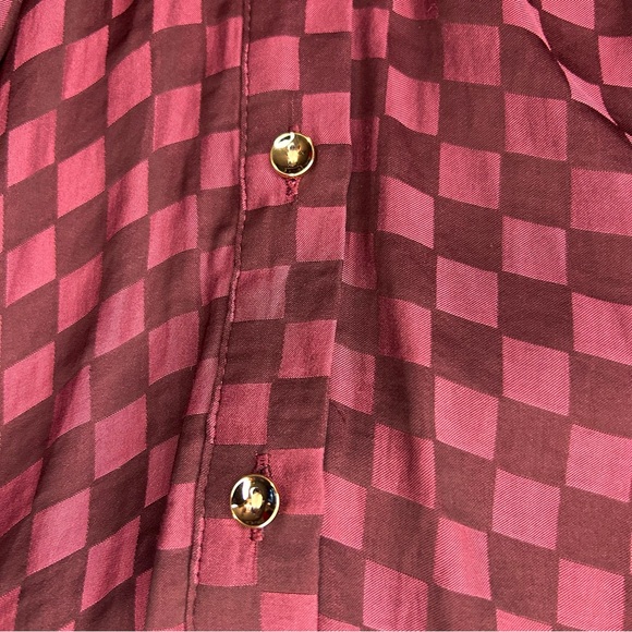 Cato Burgundy Checker Button Down Tunic Top XL Tie Waist Long Sleeve Blouse - Picture 4 of 8